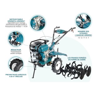 Konner & Sohnen Motoculteur thermique 270cc 134cm avec roues pneumatiques KS 9HP-1350G-3